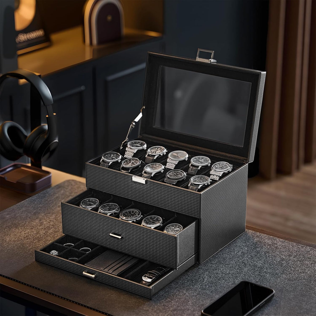 ProCase Caja de reloj de 20 ranuras para hombre, vitrina de reloj d...