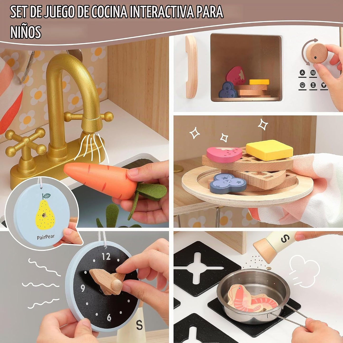 PairPear Juego de cocina grande de madera para niños de 3 a 6 años,...