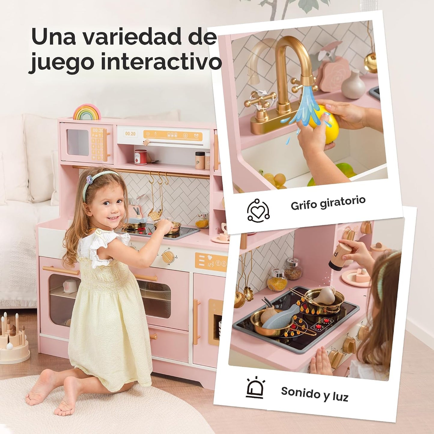 Cocina de Juguete de Madera Rosa para Niños - Electrodomésticos Rea...