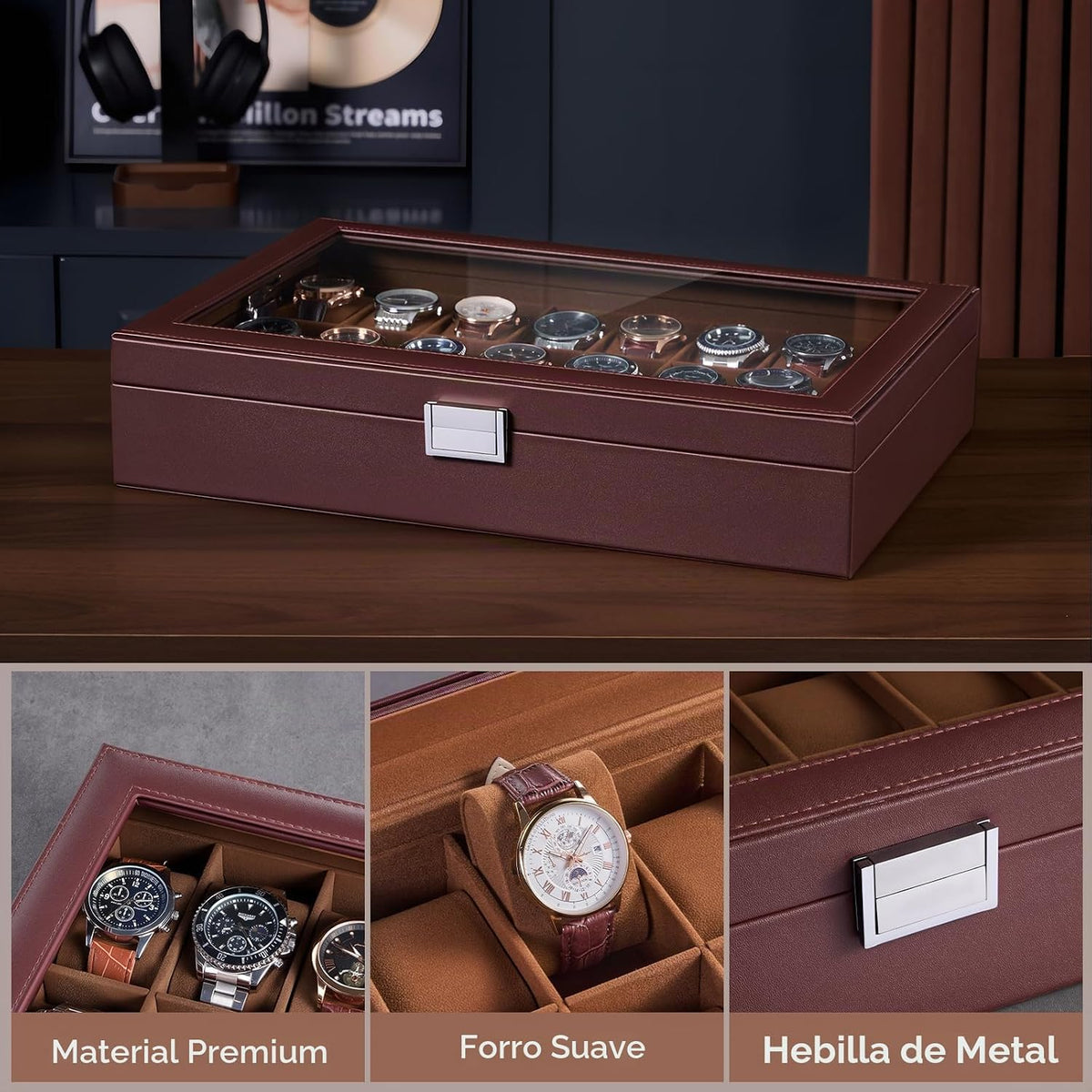 ProCase Caja de reloj para hombre, vitrina de 24 ranuras con tapa d...