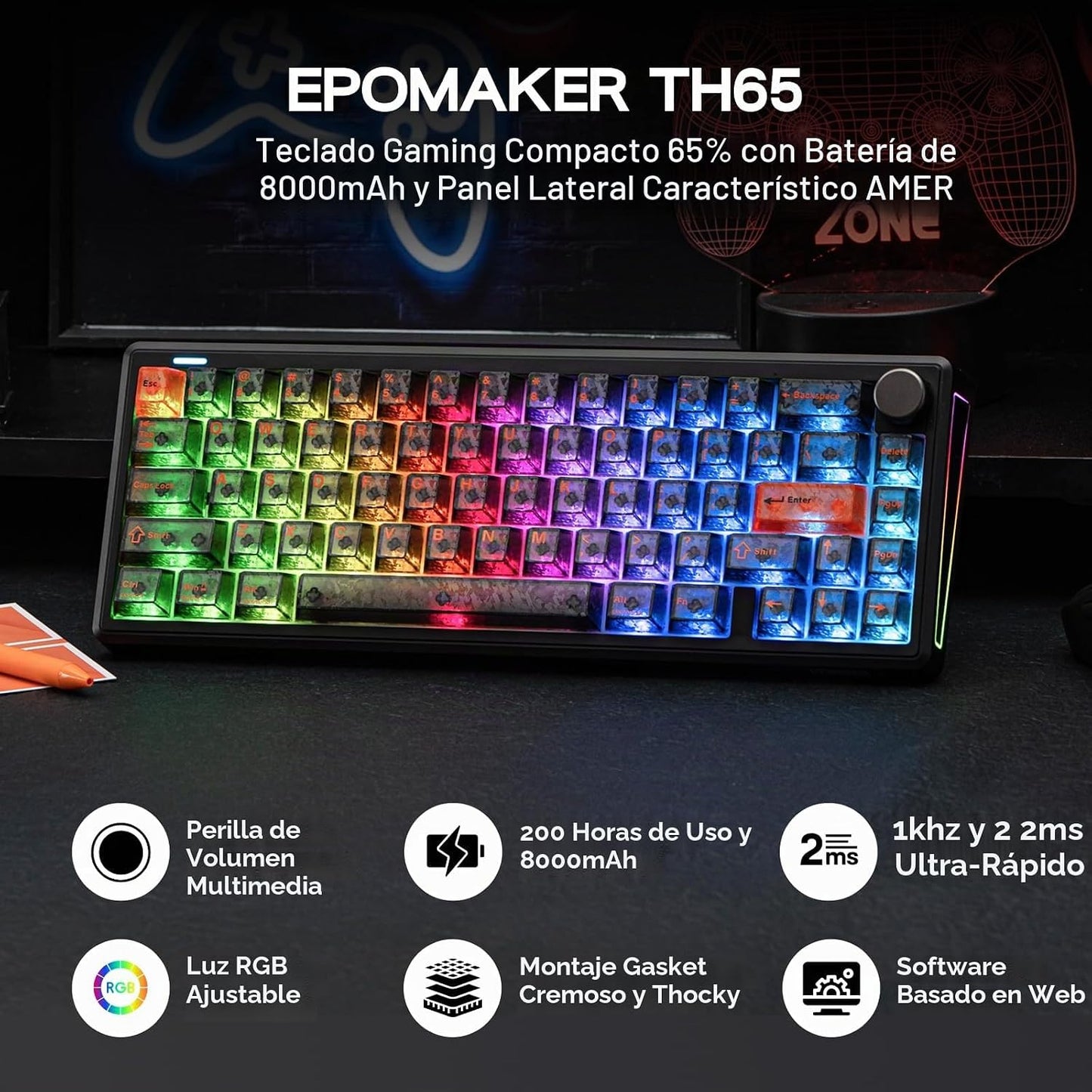 EPOMAKER TH65 Teclado mecánico inalámbrico para juegos con perilla...