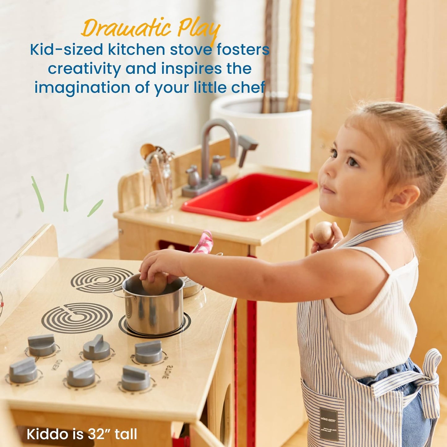 ECR4Kids Estufa de Cocina de Juguete, Set de Juego de Madera, Natural