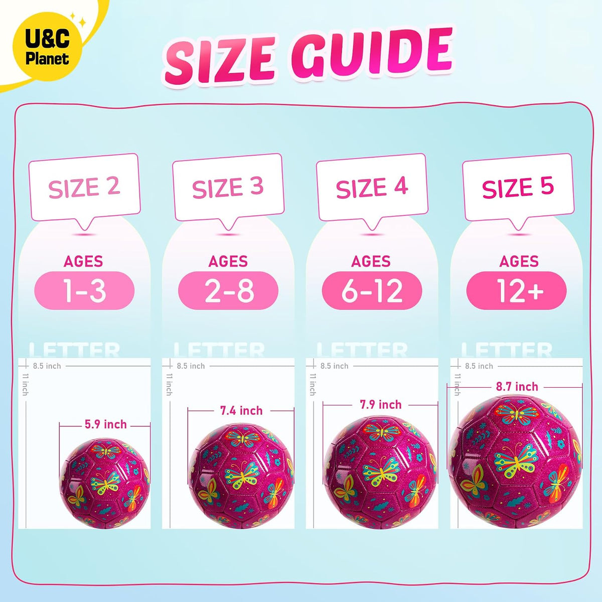 Balón de fútbol U&C Planet tamaño 2, 3, 4 para niños pequeños y jóv...