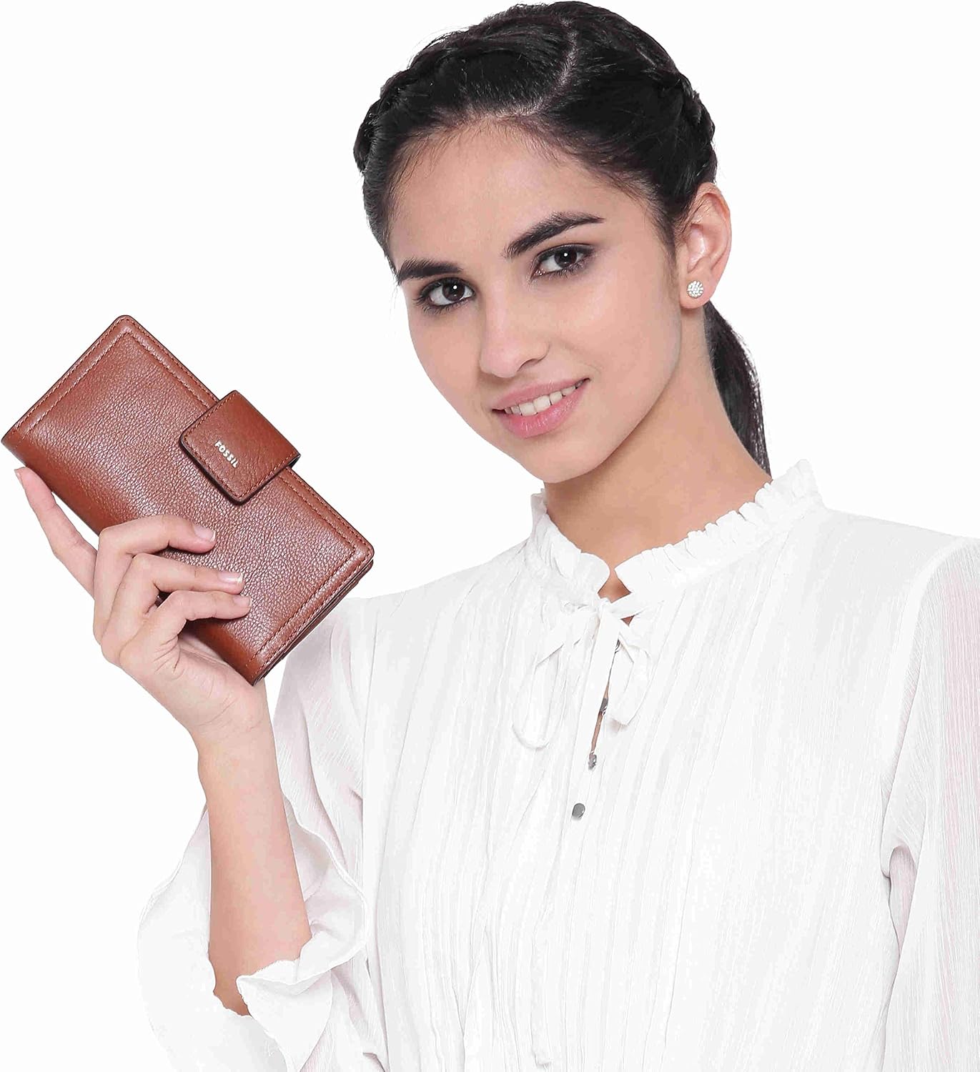 Fossil Cartera de cuero Logan para mujer con pestaña de bloqueo RFID