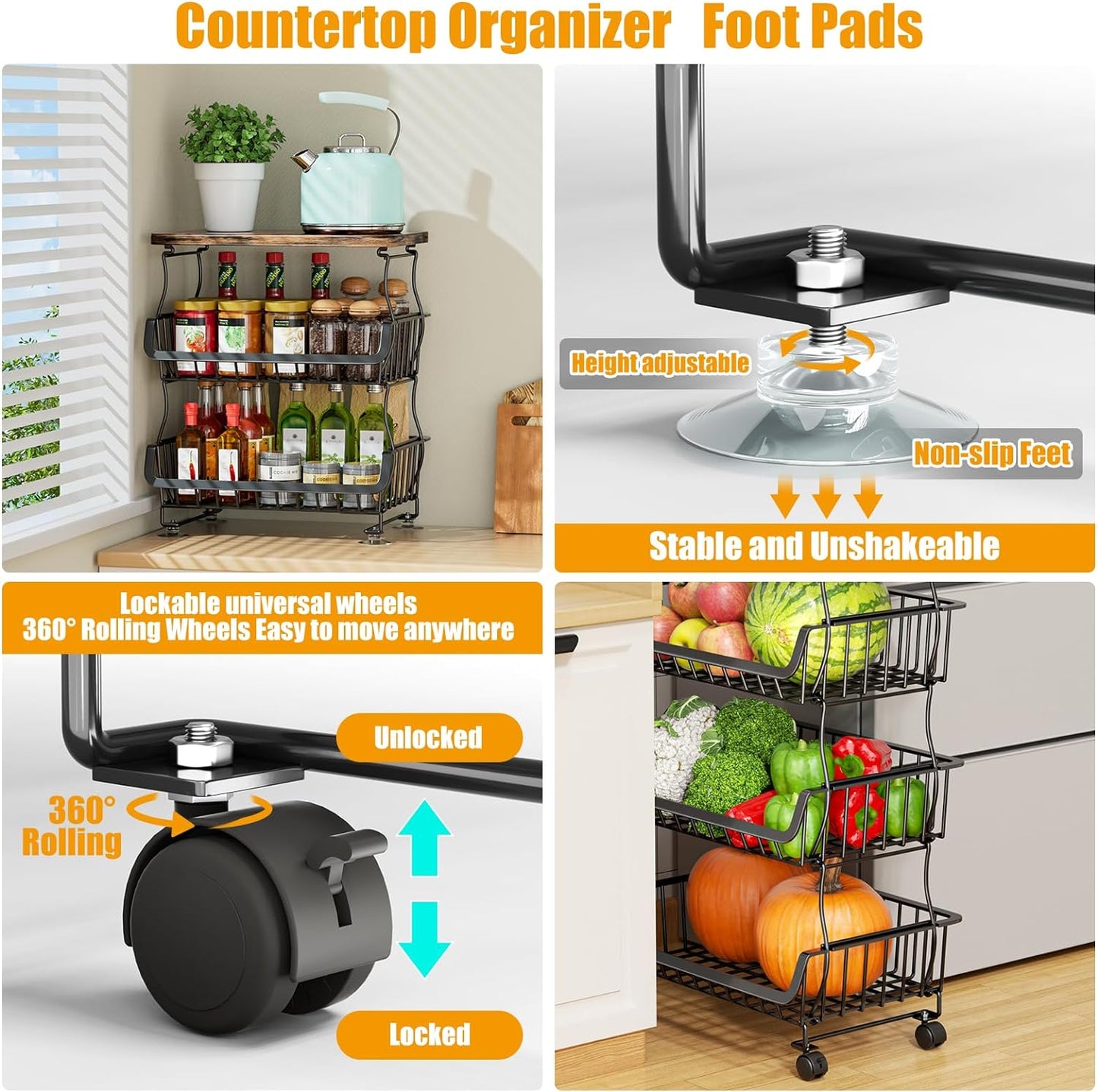 Gsiekare Cesta de frutas y verduras de 4 niveles para cocina con ru...