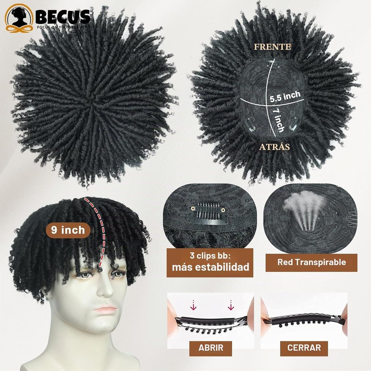 BECUS Adorno de pelo de rastas para hombres, postizo trenzado con c...