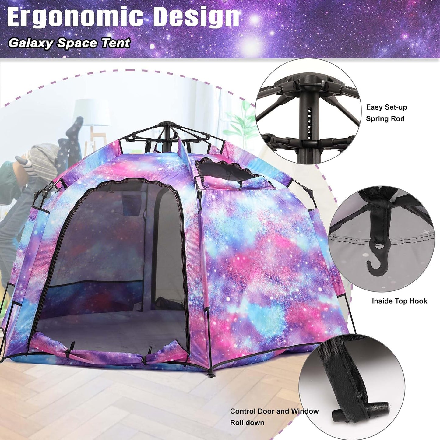 Tienda de campaña hexagonal portátil para niños con tira de luces L...