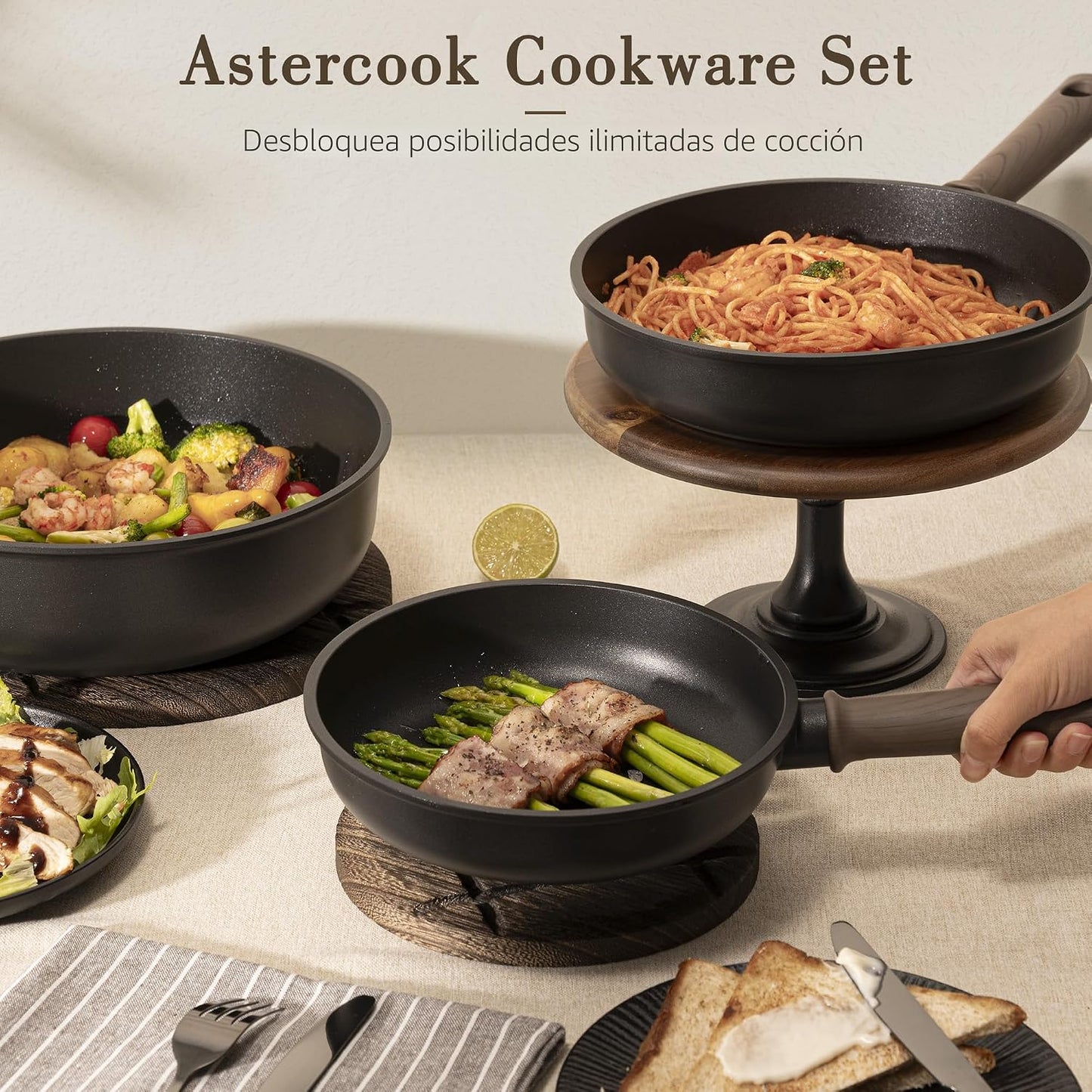 Astercook - Juego de ollas y sartenes antiadherentes, juego de uten...