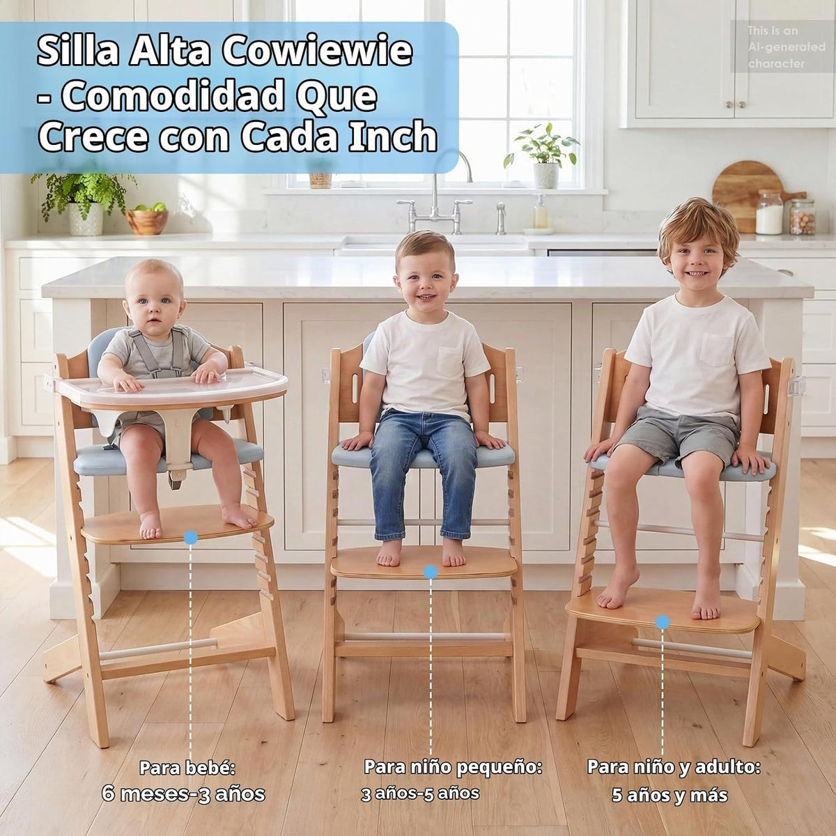 Trona de madera para bebé Cowiewie, silla de crecimiento convertibl...