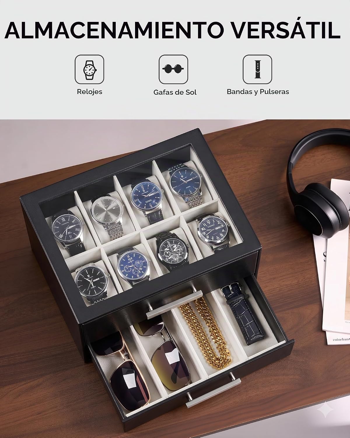 ProCase Caja de reloj de 8 ranuras para hombre, caja de gafas de so...