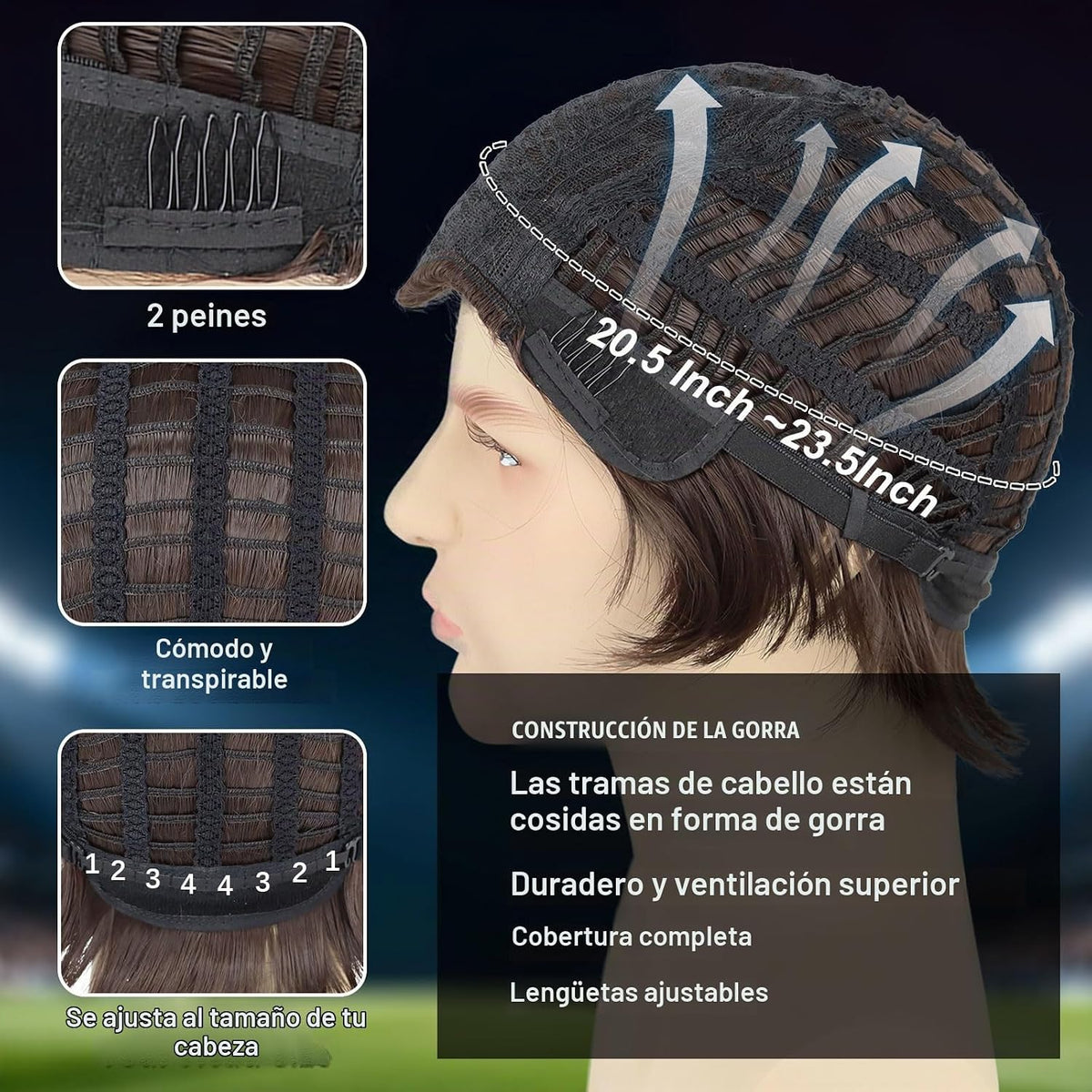 Wallden Hair Peluca corta marrón para hombre, bigote, lentes de sol...