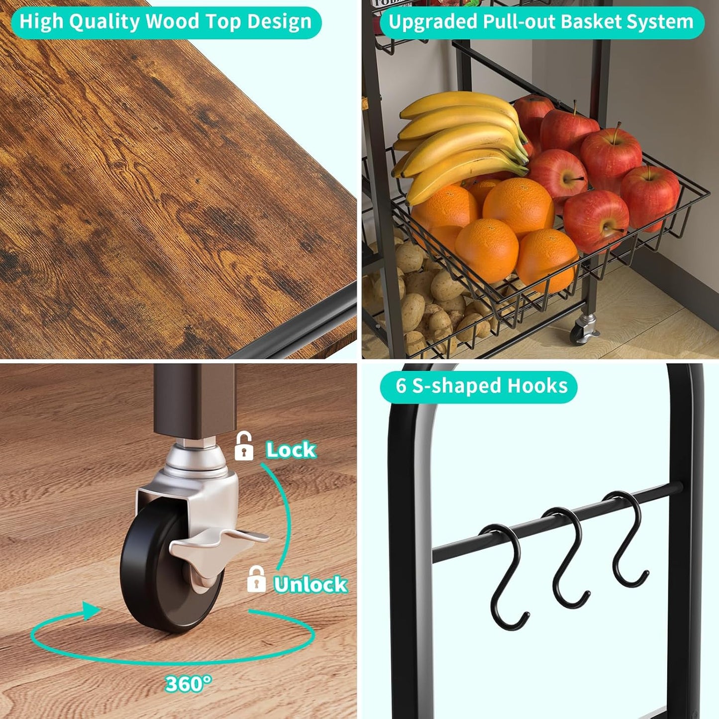 HapiRm - Carrito rodante de cocina con microondas de 4 niveles - So...
