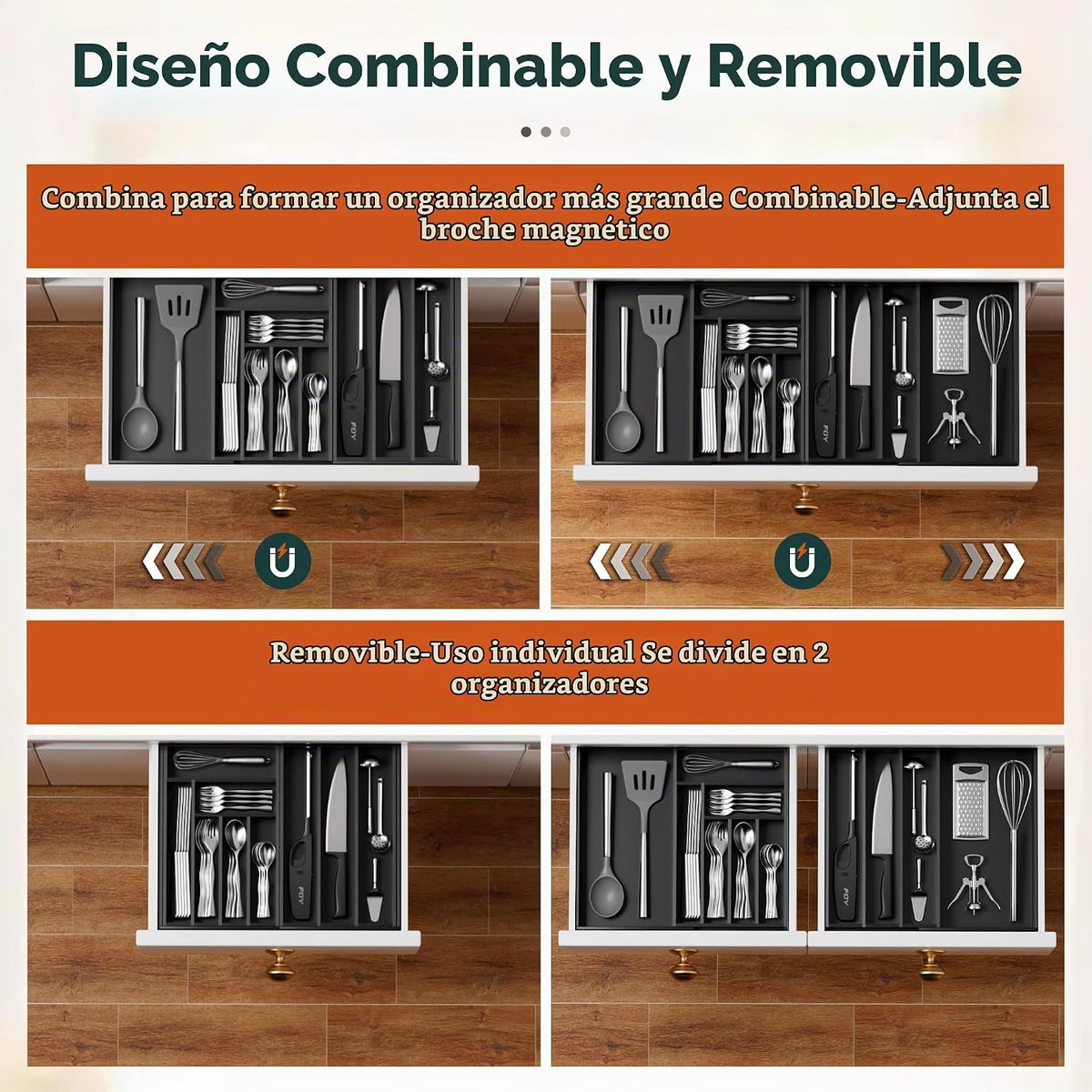 Organizador de Cubiertos Grande, Conectado Magnéticamente Expandibl...