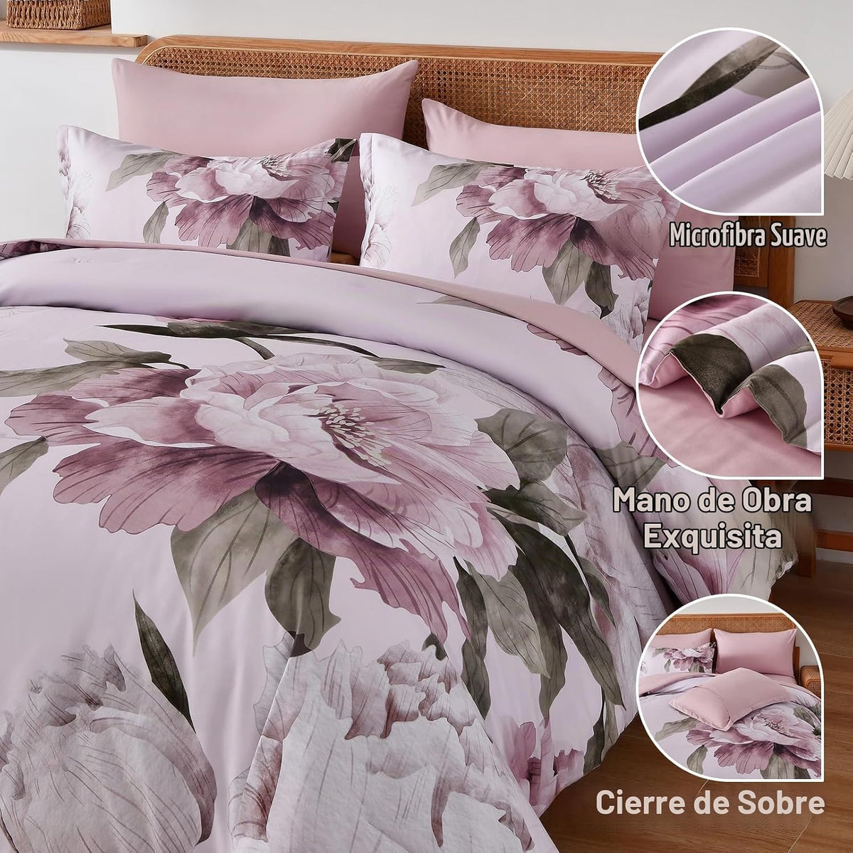 Dobuyly Juego de edredón rosa tamaño completo de 7 piezas cama en u...