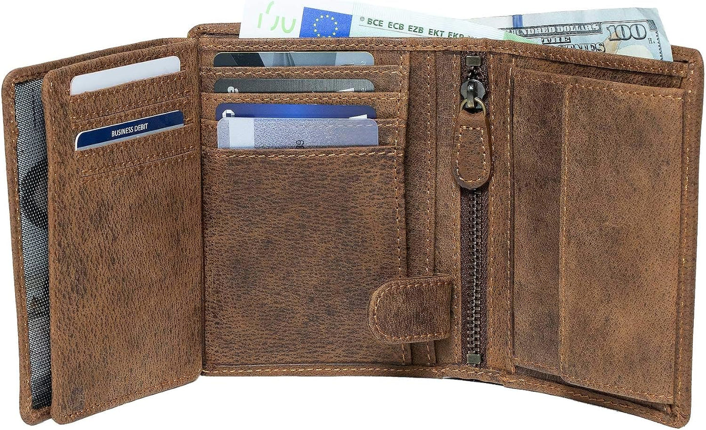 DiLoro Cartera plegable de cuero genuino de grano completo para hom...