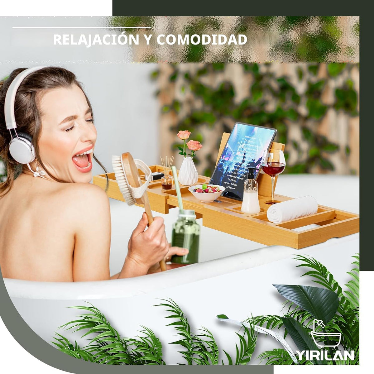 Yirilan Bandeja de baño de bambú, organizador de baño plegable de a...