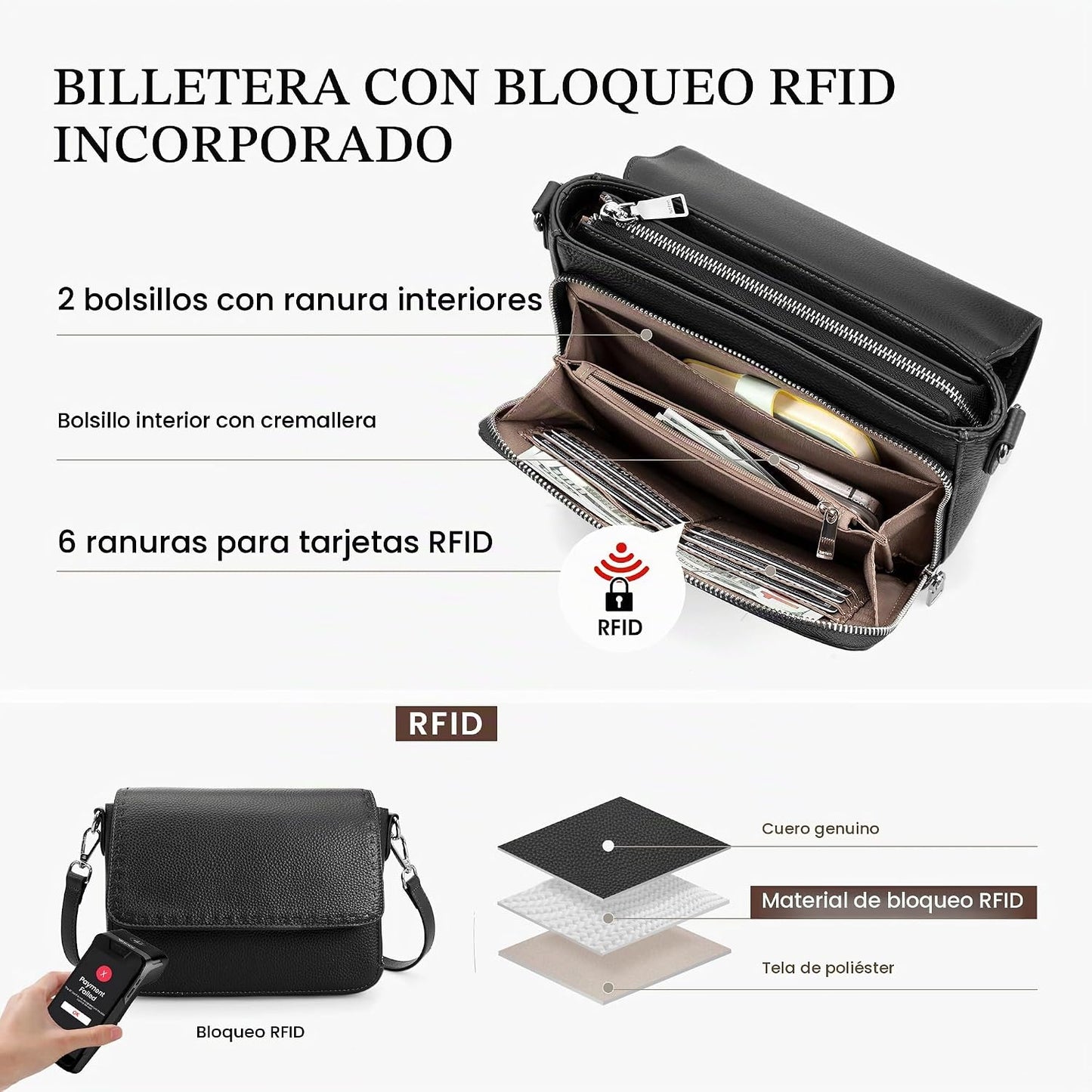befen Bolsos cruzados de cuero genuino para mujer, bolso mediano co...