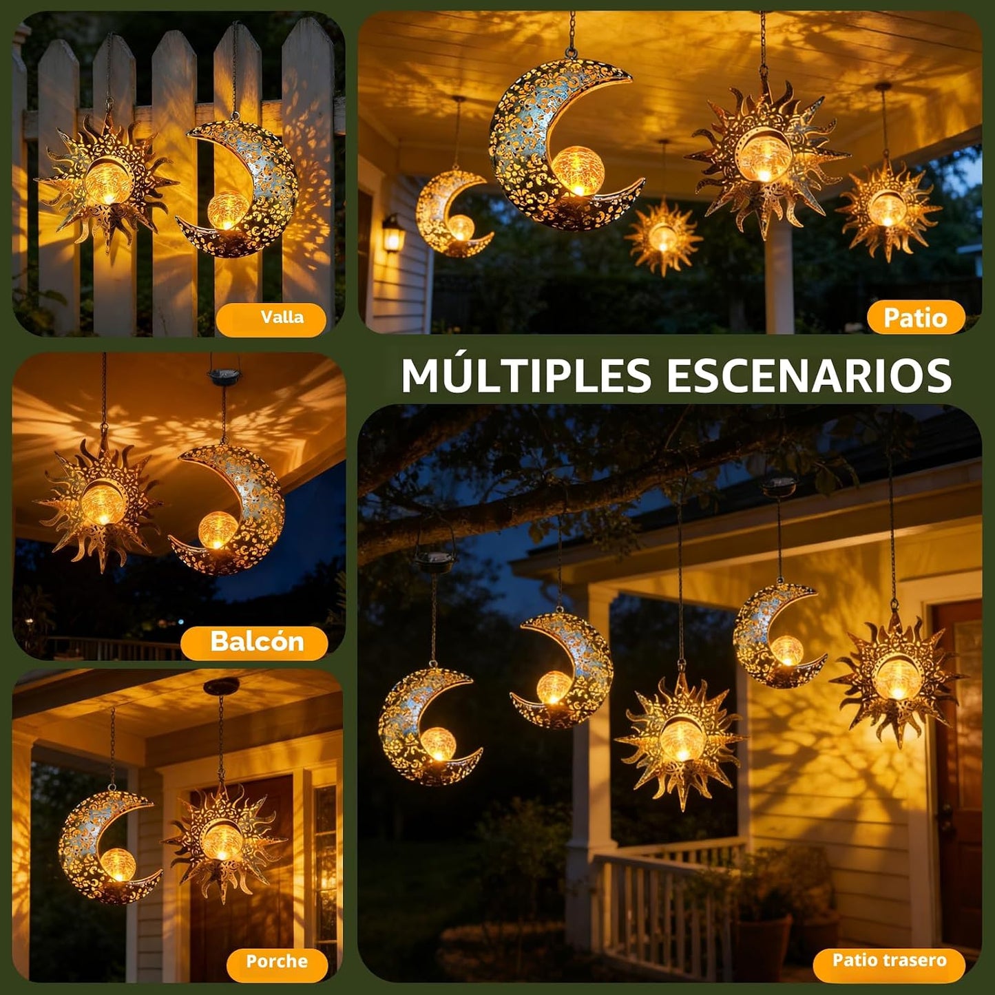 QCF Luces solares colgantes de sol y luna para decoración exterior...