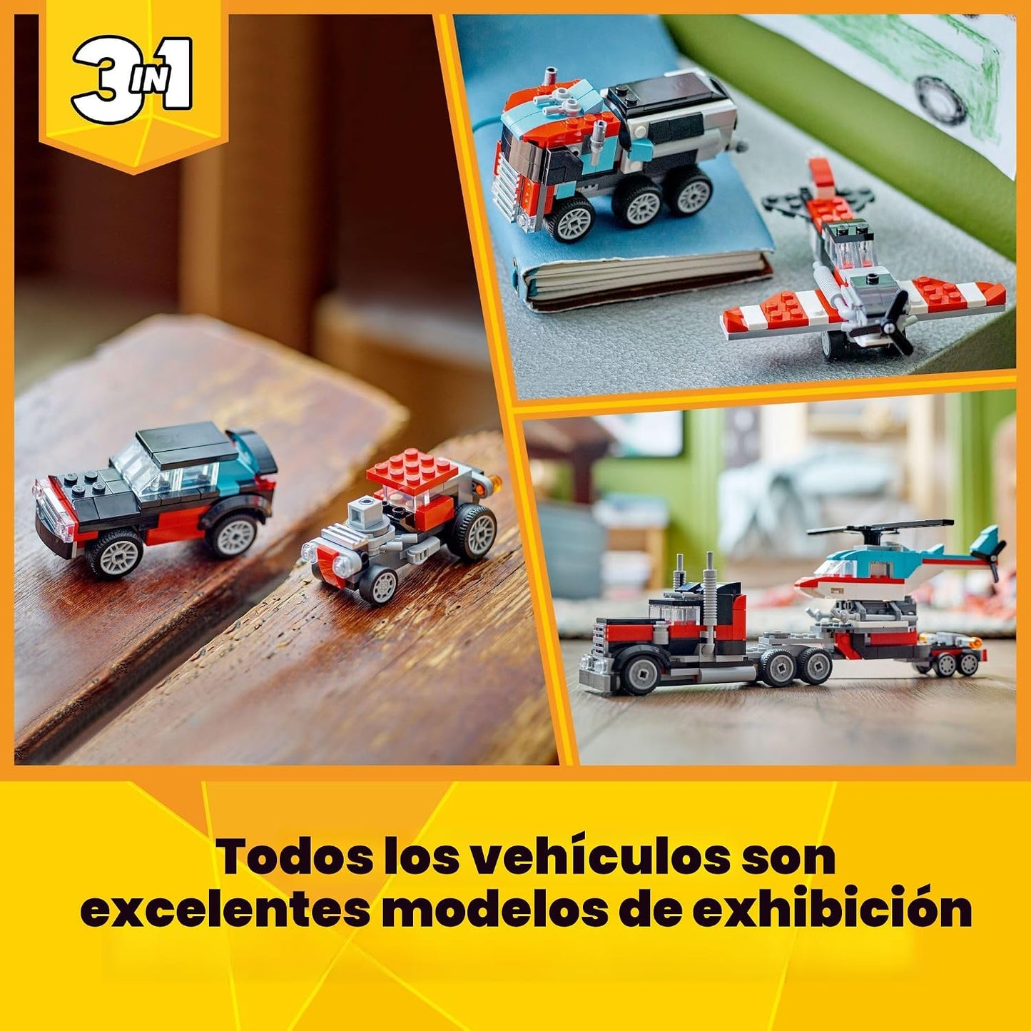 LEGO Creator 3 en 1 Camión de Plataforma Plana con Juguete de Helic...