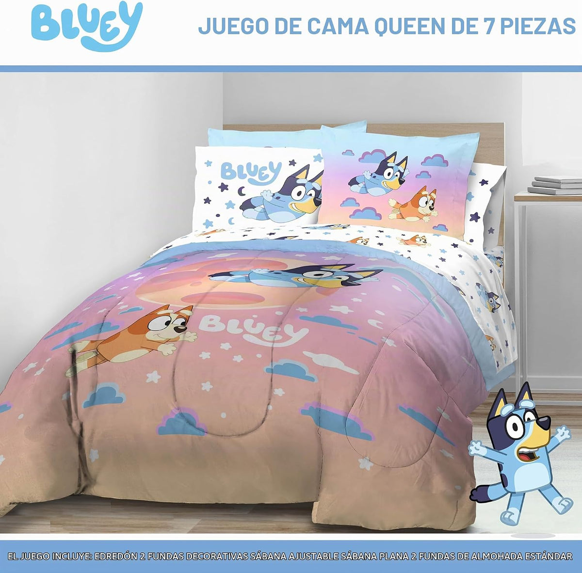Jay Franco Bluey &amp; Bingo - Juego de edredón tamaño Queen, ropa...
