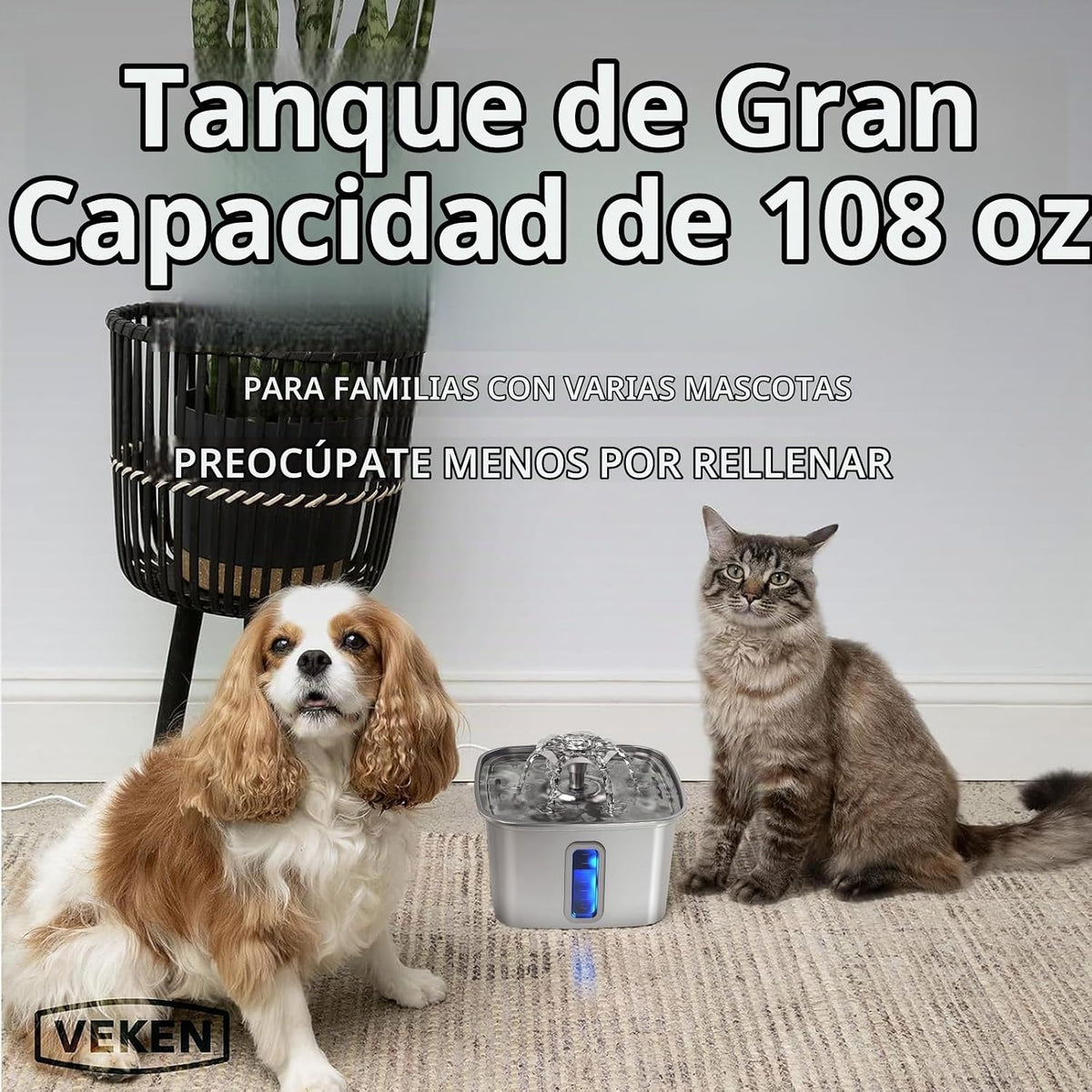 Veken - Filtro de agua para gatos de acero inoxidable ganador del p...