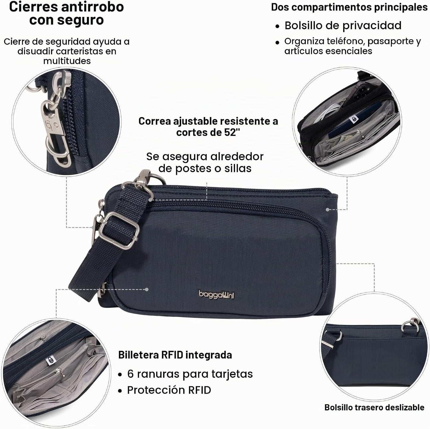 Securtex - Mini cartera cruzada antirrobo, ligera, 8.4 x 4.5 pulgad...