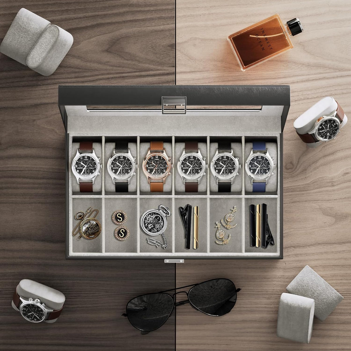 ProCase Organizador de caja de reloj, vitrina de 12 ranuras para re...
