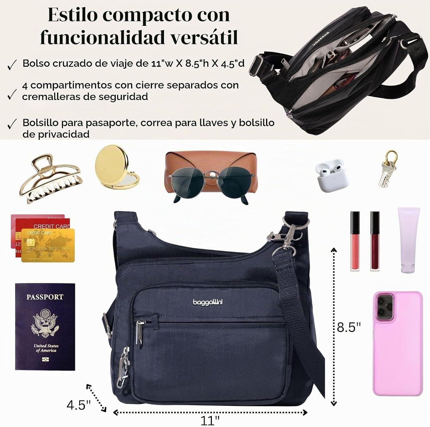 Baggallini Securtex Bandolera cruzada antirrobo 11\u201Dw X 8.5\u20...
