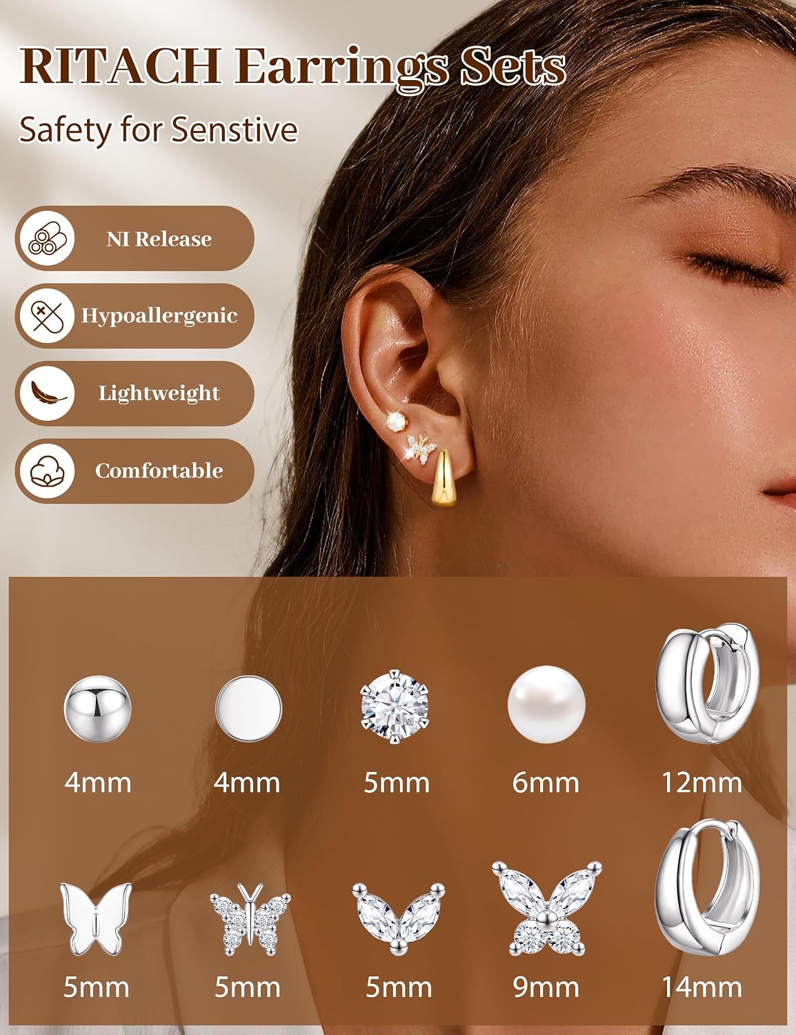 Juego de aretes pequeños de oro para mujer, chapados en oro de 14 q...