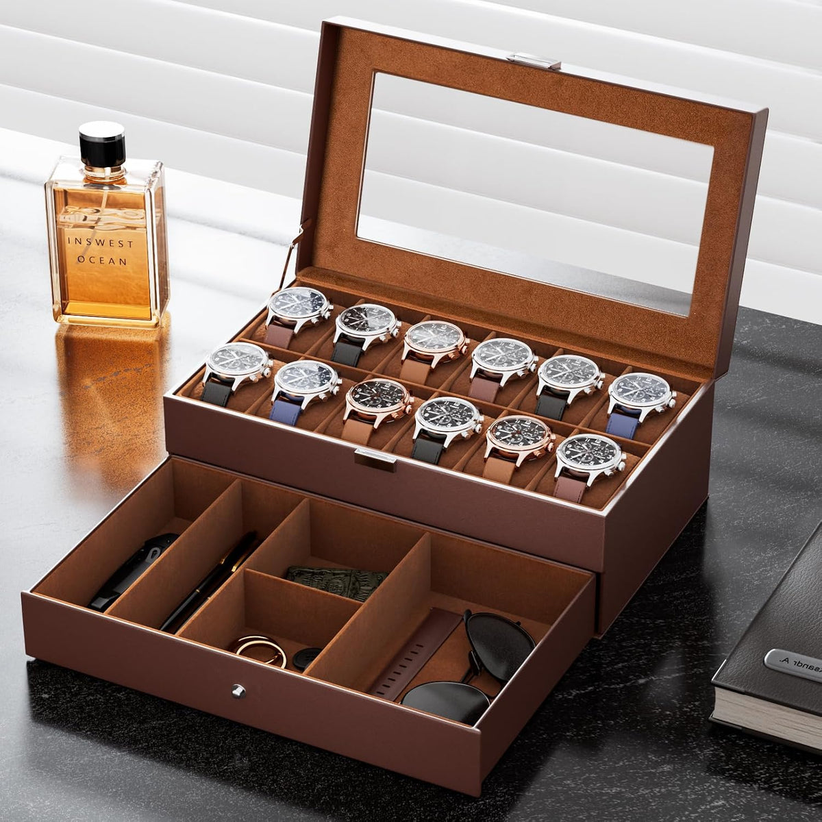 ProCase Caja de reloj, Caja de reloj para hombres con 12 ranuras y...