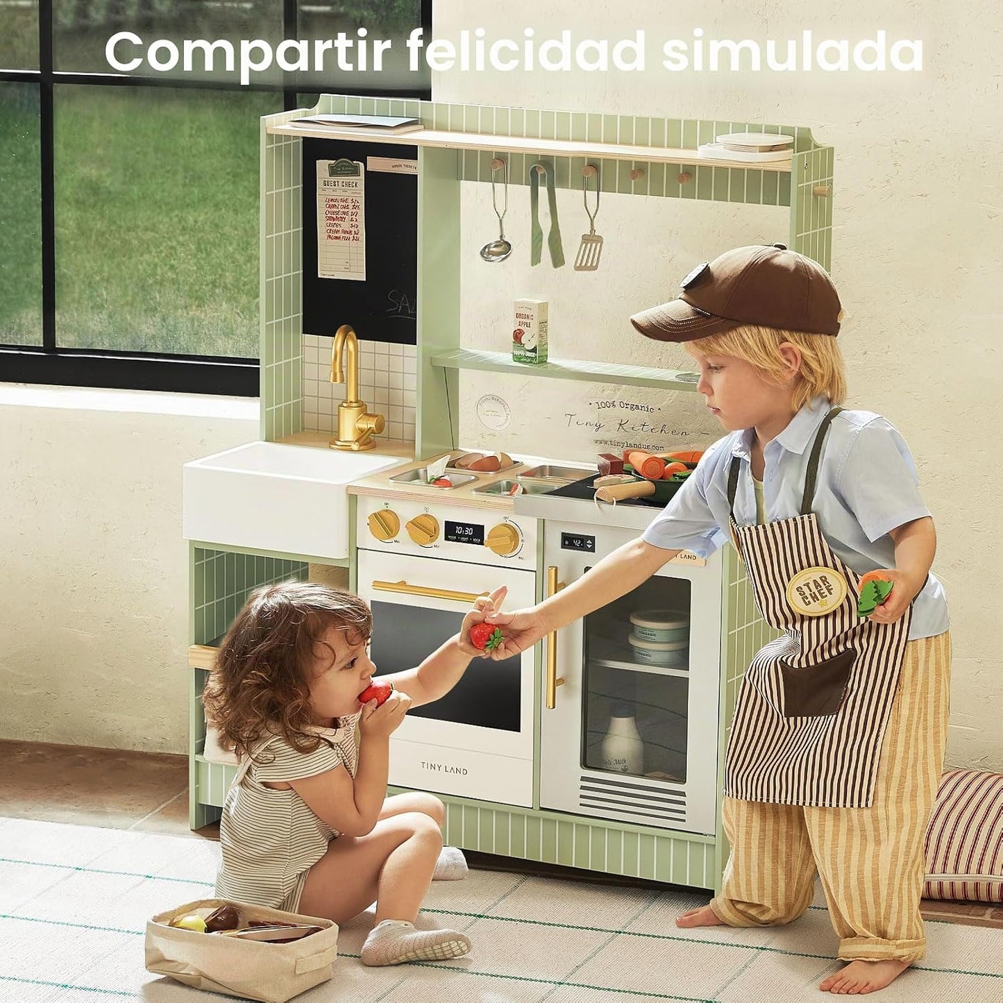 Tiny Land BistroSwitch - Juego de cocina de madera 2 en 1 con pizar...