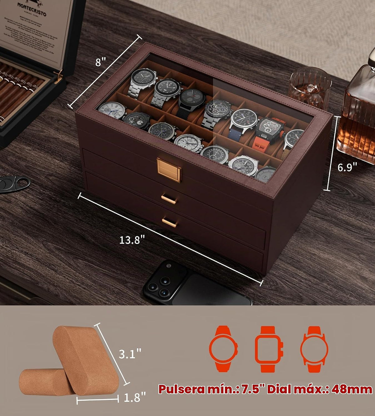 sensok Caja de reloj para hombre, 14 ranuras, 3 capas, organizador...