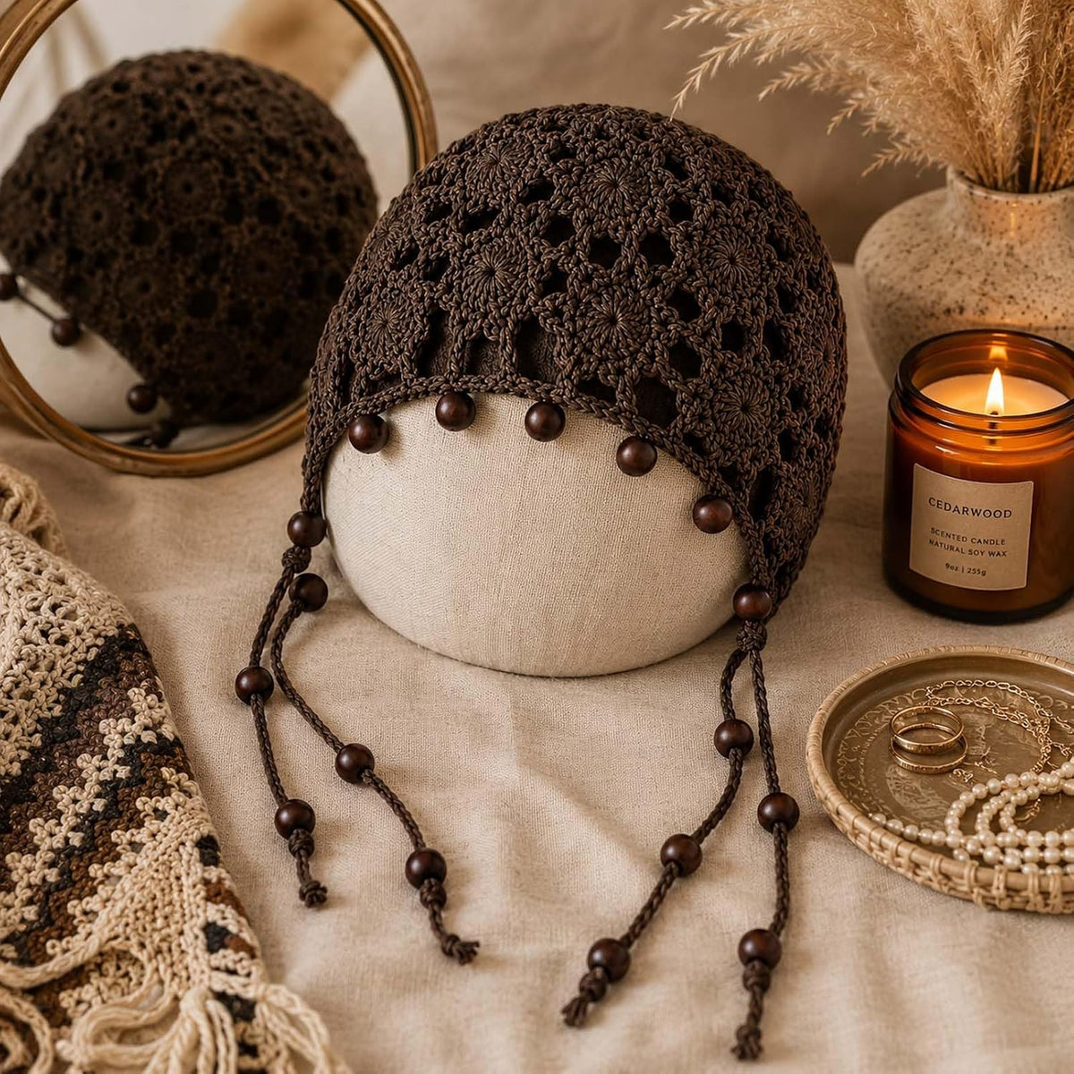 Gorros de ganchillo para mujer, boho, gorro de encaje con cuentas d...