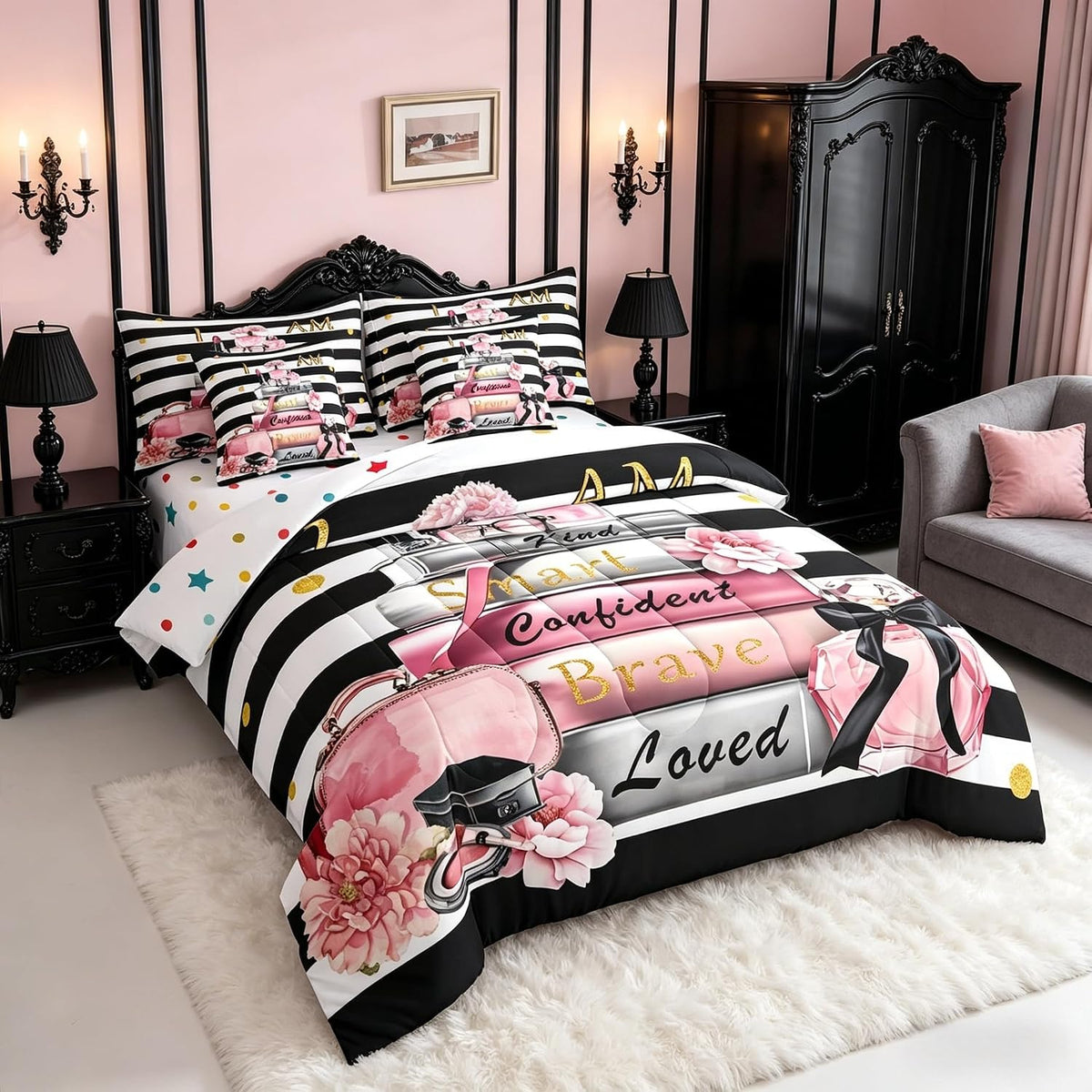 Erosebridal Juego de edredón de moda rosa con sábanas tamaño comple...