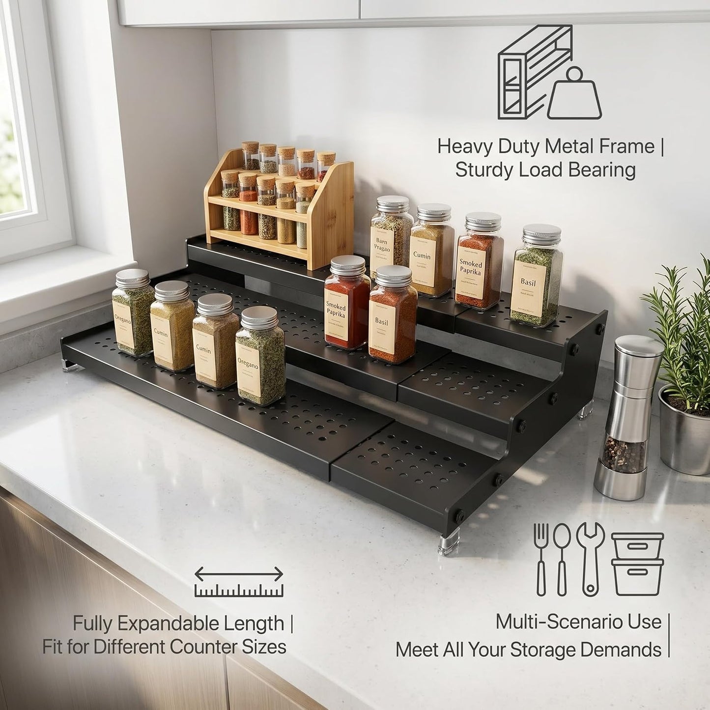 Zilvando Estante extensible de metal para especias de 3 niveles, ne...