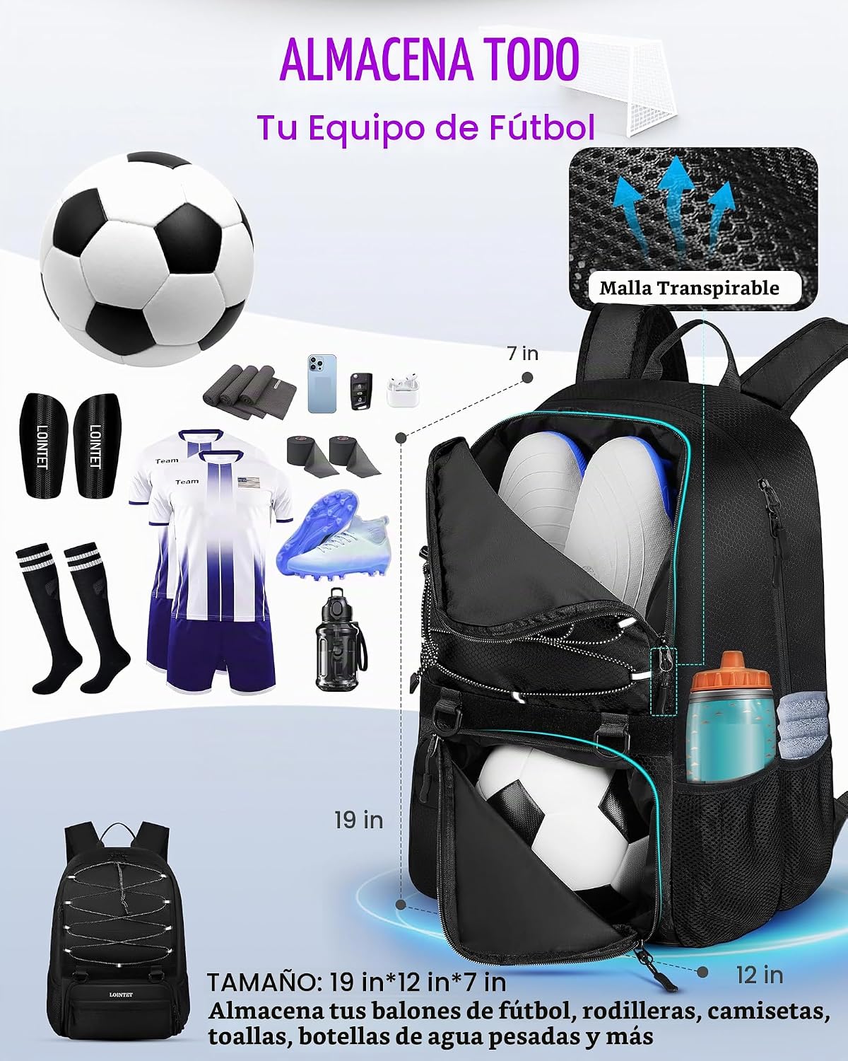 LOINTET Bolsa de fútbol juvenil, mochila de fútbol con compartiment...