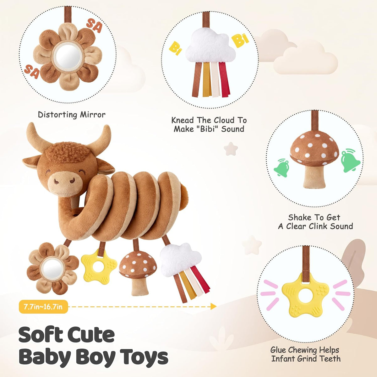 Stuffed Highland Cow - Juguetes de asiento de coche en espiral para...