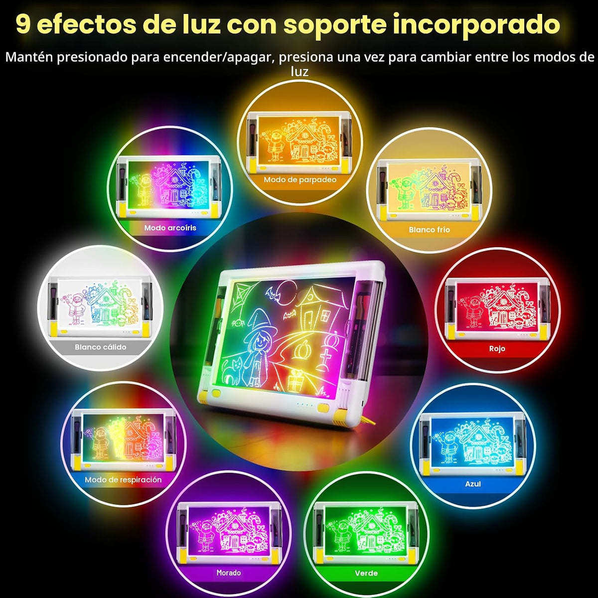 Tablero de dibujo LED recargable, 15 pulgadas, 9 modos de luz de co...