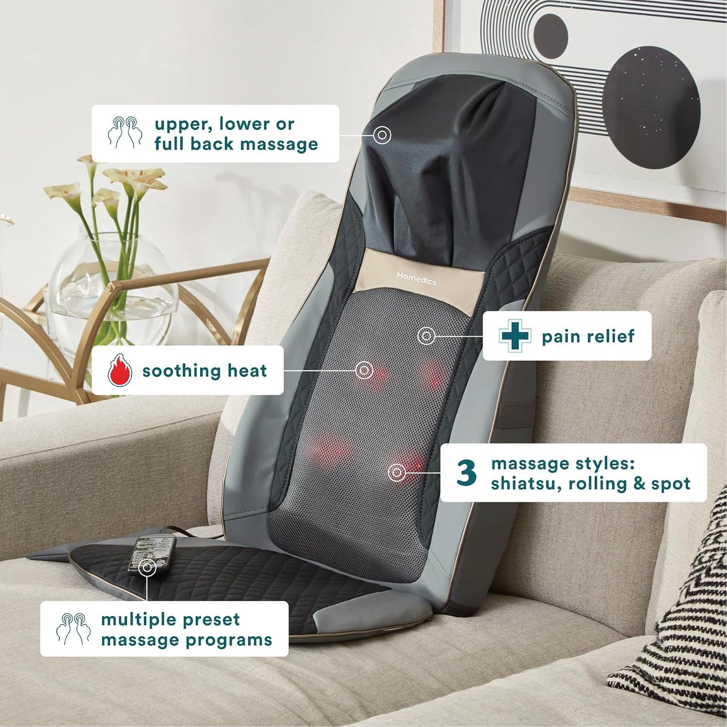 Homedics - Masajeador de espalda con calor, cojín Shiatsu para masa...