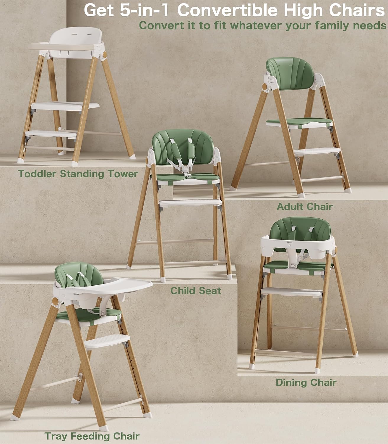 Silla alta plegable 5 en 1 para bebé, taburete para niños pequeños,...