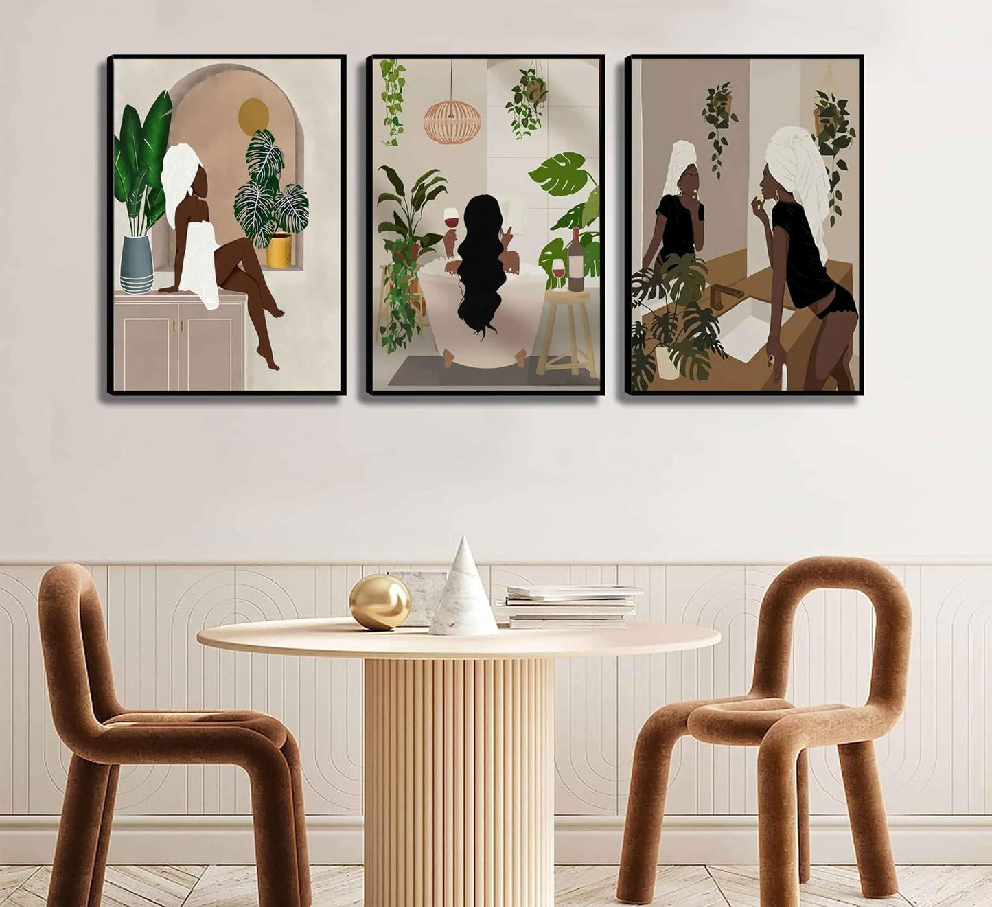 WSTUKVV 3 piezas de arte de pared de baño de niña negra, estilo boh...
