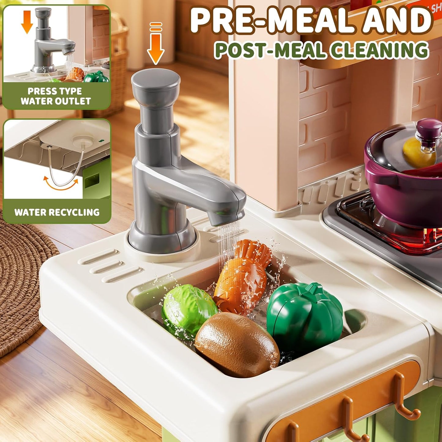 Juego de cocina para niños, 31.5 pulgadas, 73 piezas, cocina de jue...