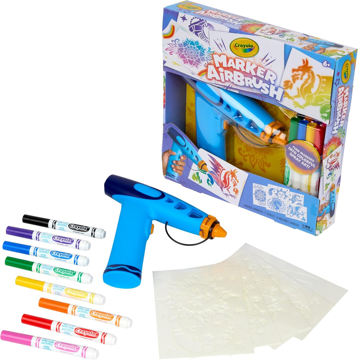 Crayola Kit de arte en aerosol con aerógrafo, 8 marcadores lavables...