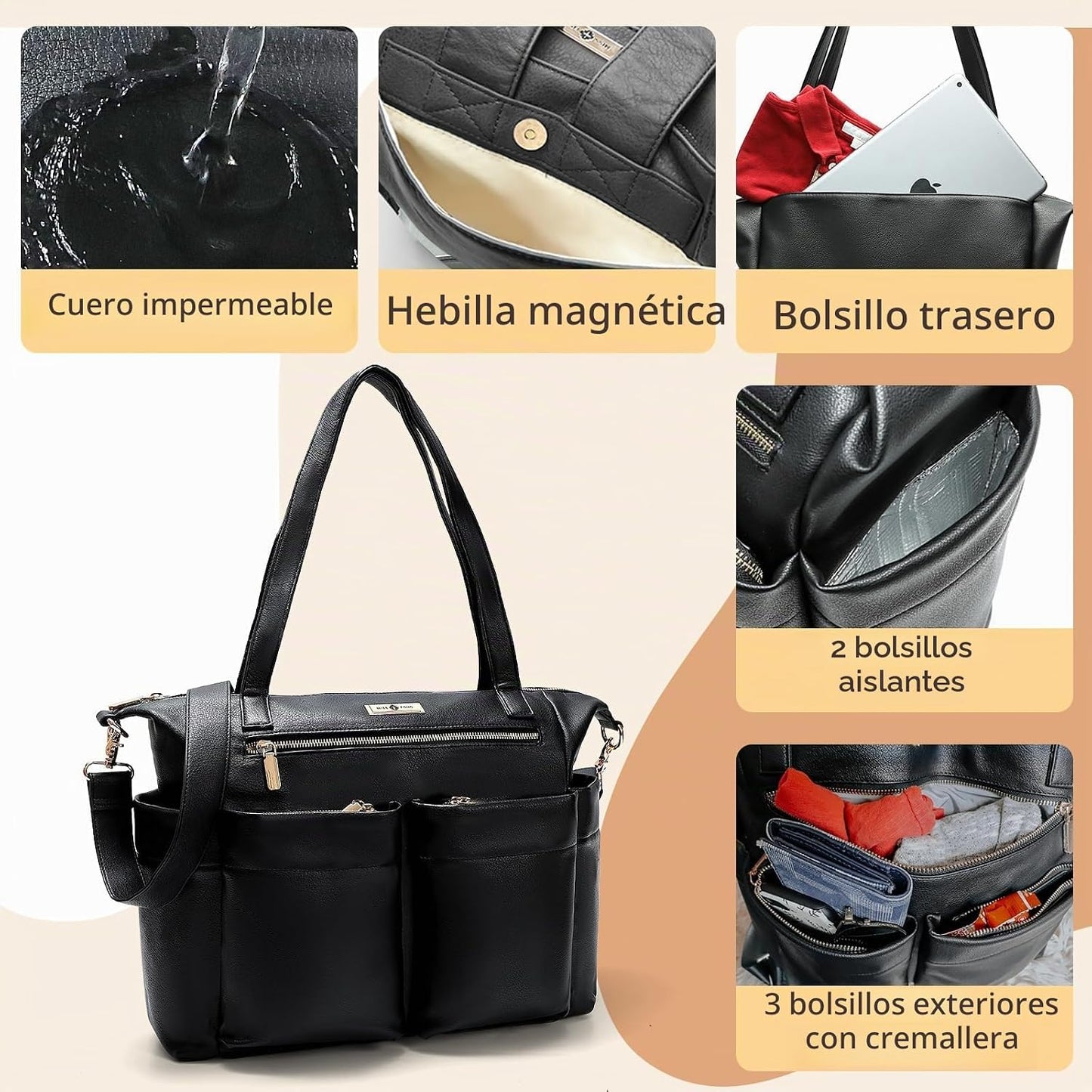 Miss Fong Bolso de cuero para pañales con almohadilla para cambiar,...
