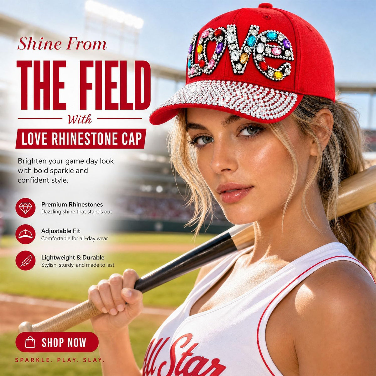 Gorra de béisbol brillante con diamantes de imitación, malla ajusta...