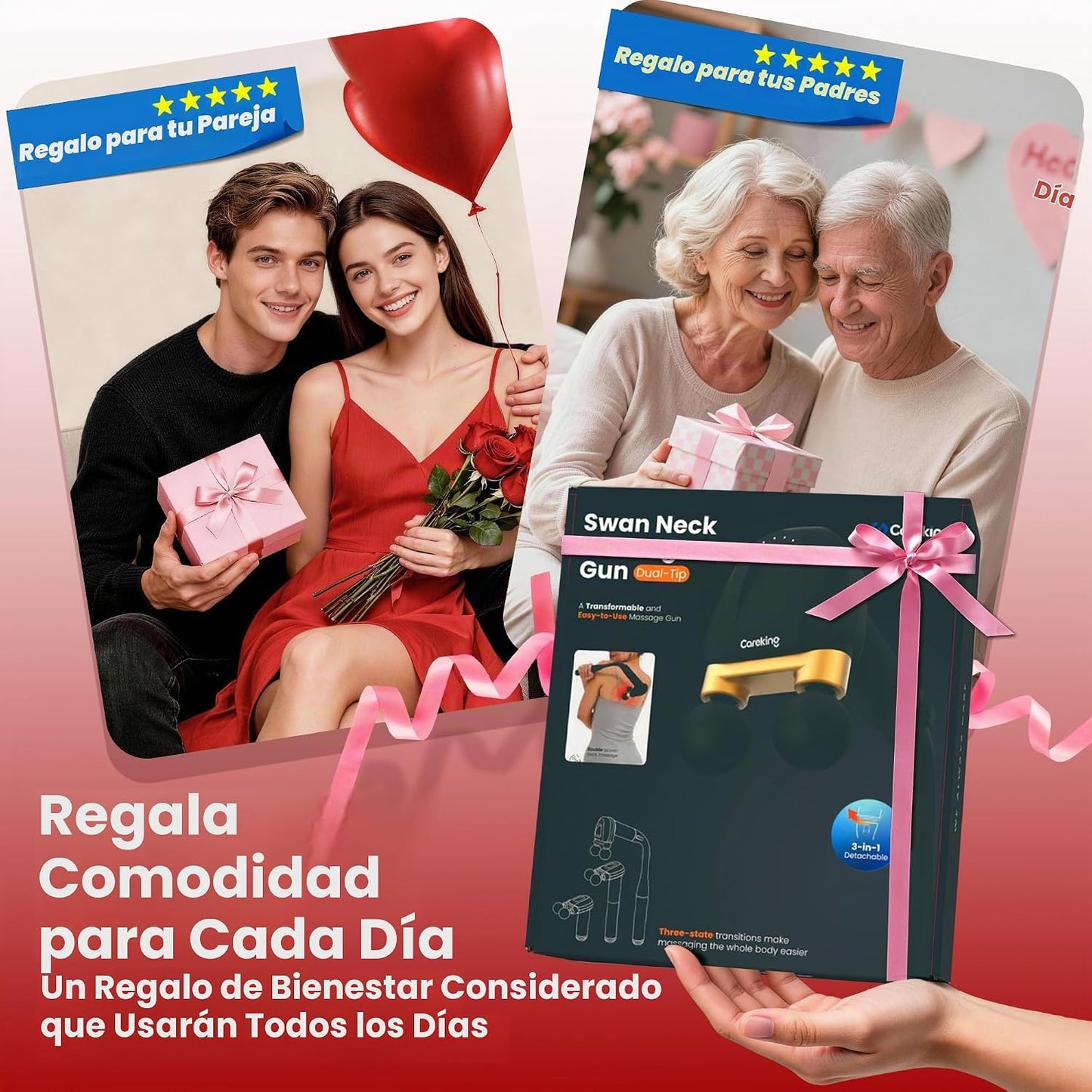 Pistola de masaje 3 en 1 con mango largo desmontable, masajeador de...