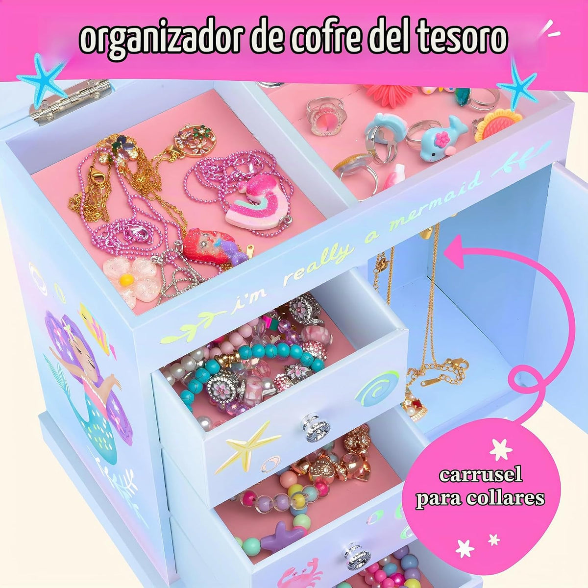 Giggle &amp; Honey Joyero musical de sirena para niñas, caja de mús...