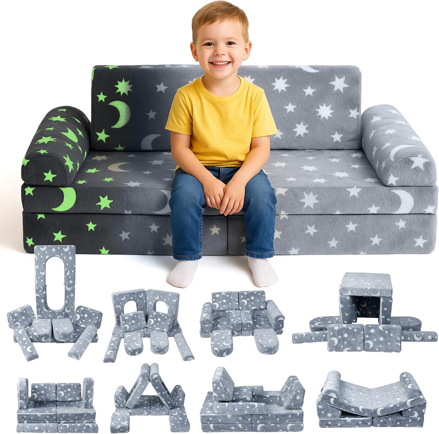 WONDERME Sofá modular de juego para niños de 2 plazas, 10 piezas qu...