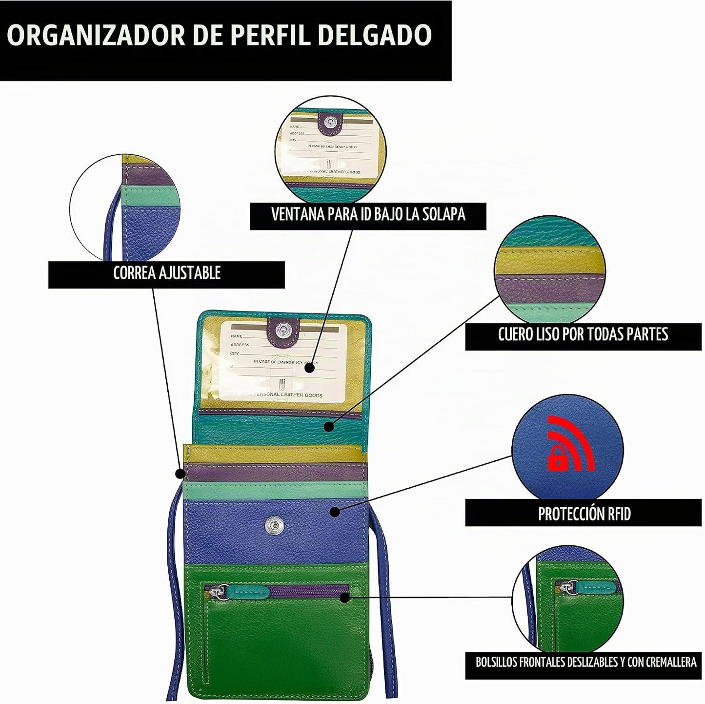 ili New York 6827 Organizador cruzado de cuero genuino con forro de...