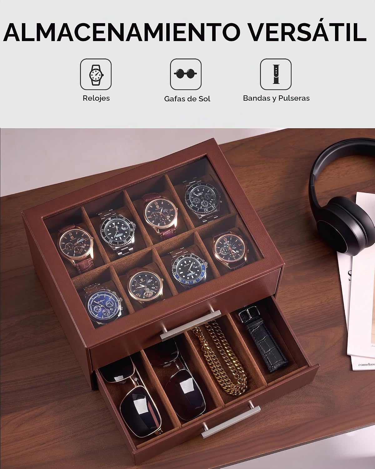 ProCase Caja de reloj de 8 ranuras para hombre, caja de gafas de so...